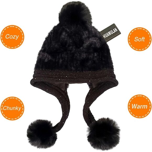 Women Black Winter Sherpa Beanie Hats Knit Ear Flaps Peruvian Cover Ears main image 4